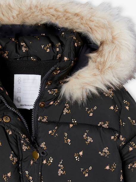 Donsjack met capuchon voor meisjes met fleece voering antraciet+goud+roze (poederkleur) - vertbaudet enfant 