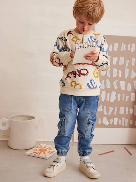 Jongensshirt in sweaterlook met print ecru+gemêleerd wit+pecannoot - vertbaudet enfant 
