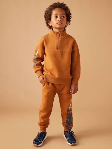 Jongenssweatshirt met truckerskraag en basketbalmotief op de mouw antraciet+hazelnoot - vertbaudet enfant 