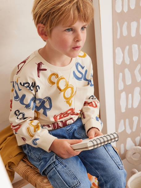 Jongensshirt in sweaterlook met print ecru+gemêleerd wit+pecannoot - vertbaudet enfant 