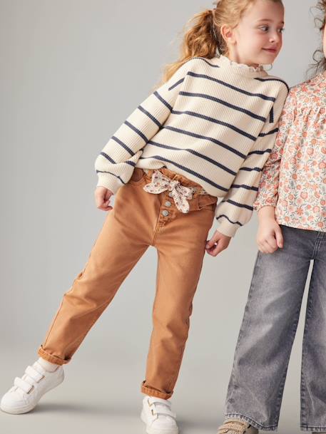 Paperbag broek voor meisjes met sjaal-riem met bloemen kaneel+zachtpaars - vertbaudet enfant 