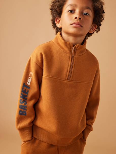 Jongenssweatshirt met truckerskraag en basketbalmotief op de mouw antraciet+hazelnoot - vertbaudet enfant 