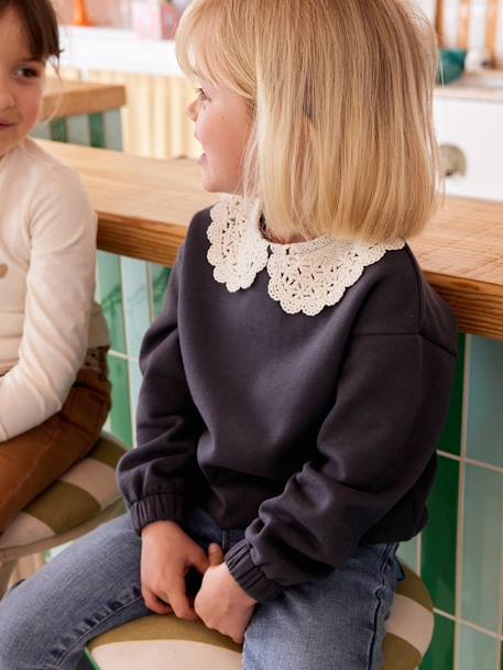 Sweater met sierlijke kraag van macramé meisjes antraciet - vertbaudet enfant 