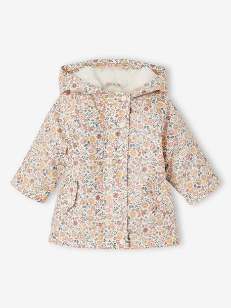 Regenjas met capuchon voor babymeisjes met bloemenprint en voering nachtblauw+roze, bedrukt - vertbaudet enfant 