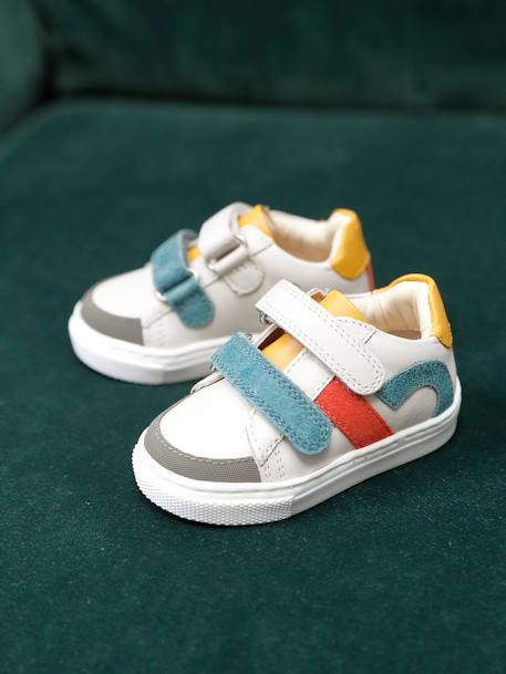 Leren geborstelde babysneakers ecru+marineblauw+veel wit - vertbaudet enfant 