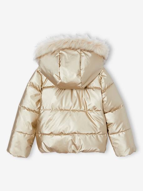 Donsjack met capuchon voor meisjes met fleece voering antraciet+goud+roze (poederkleur) - vertbaudet enfant 