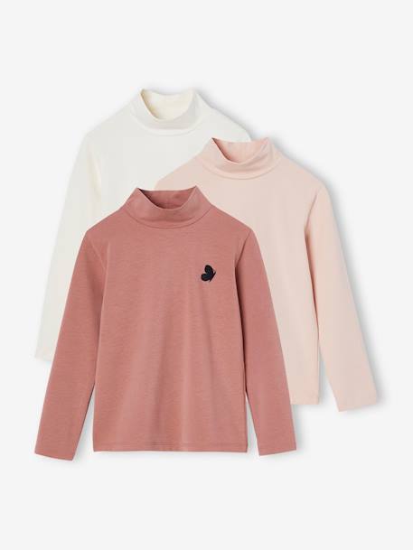 Set van 3 T-shirts BASICS met opstaande kraag voor meisjes rozenhout+zachtpaars - vertbaudet enfant 