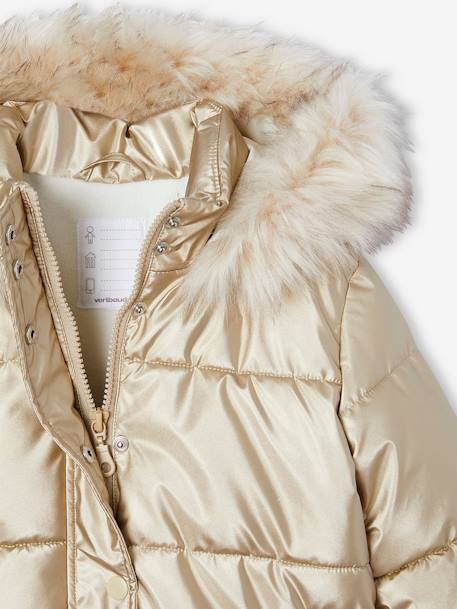 Donsjack met capuchon voor meisjes met fleece voering antraciet+goud+roze (poederkleur) - vertbaudet enfant 