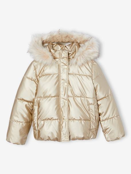 Donsjack met capuchon voor meisjes met fleece voering antraciet+goud+roze (poederkleur) - vertbaudet enfant 
