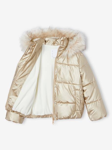 Donsjack met capuchon voor meisjes met fleece voering antraciet+goud+roze (poederkleur) - vertbaudet enfant 