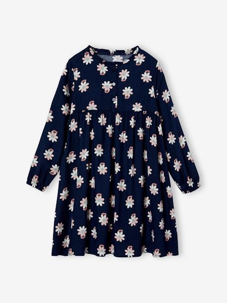 Jurk met all-over motief met knoopsluiting aan de voorkant indigoblauw+marineblauw+oudroze+saliegroen+vanille - vertbaudet enfant 