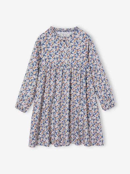 Jurk met all-over motief met knoopsluiting aan de voorkant indigoblauw+marineblauw+oudroze+saliegroen+vanille - vertbaudet enfant 