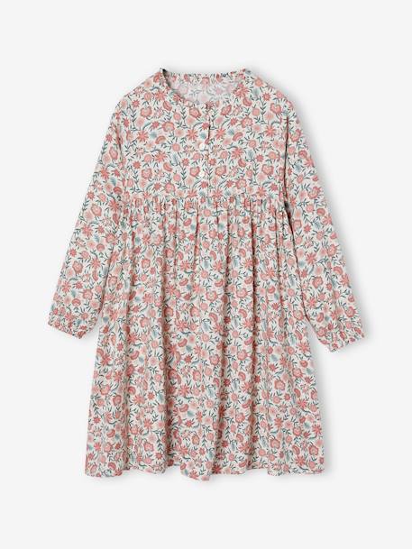 Jurk met all-over motief met knoopsluiting aan de voorkant indigoblauw+marineblauw+oudroze+saliegroen+vanille - vertbaudet enfant 