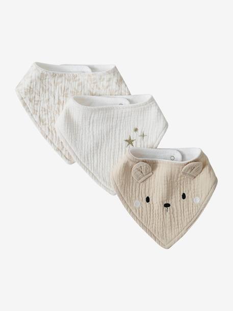 Set met 3 slabbetjes van katoengaas beige, bedrukt+ecru+grijsblauw+lichtroze+saliegroen+set groene panda+set vos+touw+veel beige+WIT - vertbaudet enfant 