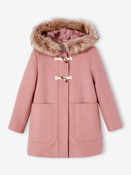Duffel met capuchon van wol met houtje-touwtjeknopen groengrijs+kameel+pruim+rouge - vertbaudet enfant 