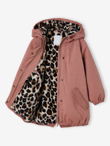 Meisjesparka met capuchon gevoerd met imitatiebont rozenhout+zwart - vertbaudet enfant 