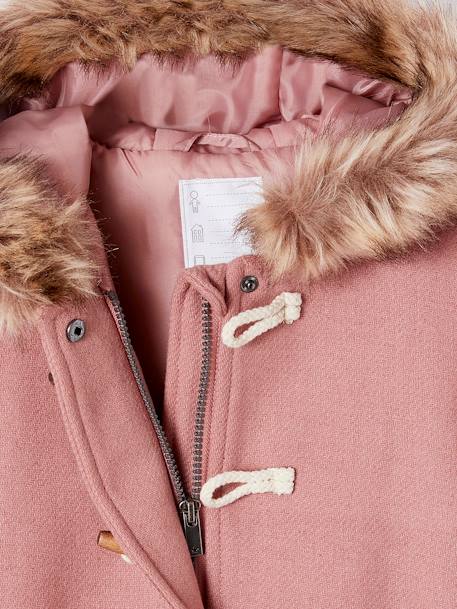 Duffel met capuchon van wol met houtje-touwtjeknopen groengrijs+kameel+pruim+rouge - vertbaudet enfant 
