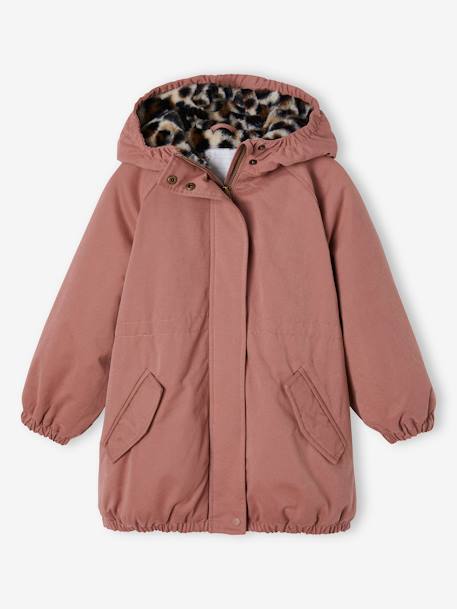 Meisjesparka met capuchon gevoerd met imitatiebont rozenhout+zwart - vertbaudet enfant 