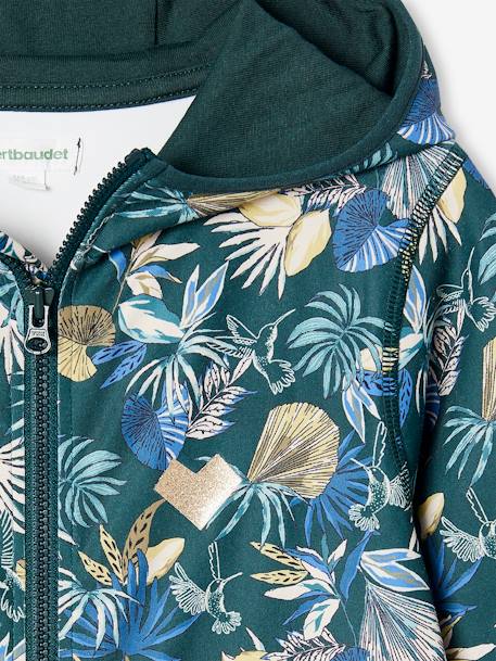 Sport sweatshirt met rits en bloemenprint in technisch materiaal antraciet+ecru+groen, bedrukt+oudroze - vertbaudet enfant 