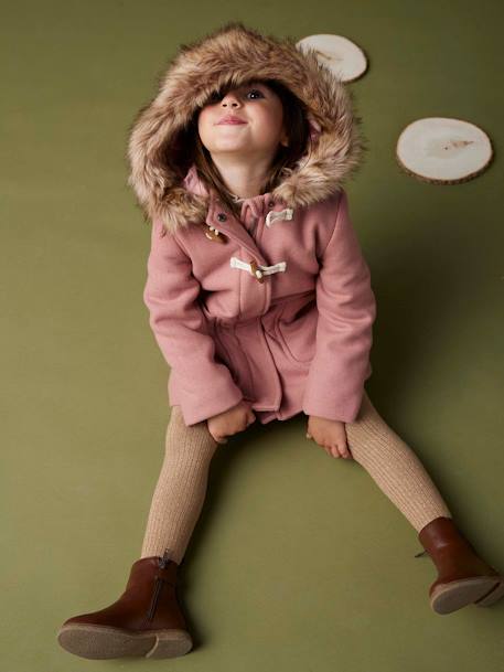 Duffel met capuchon van wol met houtje-touwtjeknopen groengrijs+kameel+pruim+rouge - vertbaudet enfant 