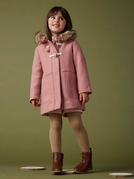 Duffel met capuchon van wol met houtje-touwtjeknopen groengrijs+kameel+pruim+rouge - vertbaudet enfant 