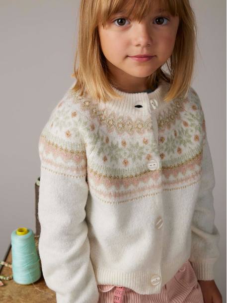Jacquard meisjesvest met fantasiebreiwerk van glimmende draad ecru - vertbaudet enfant 