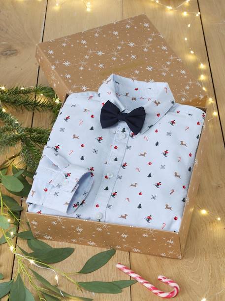 Set voor de kerst met beprint jongensoverhemd en vlinderstrik chambrayblauw - vertbaudet enfant 