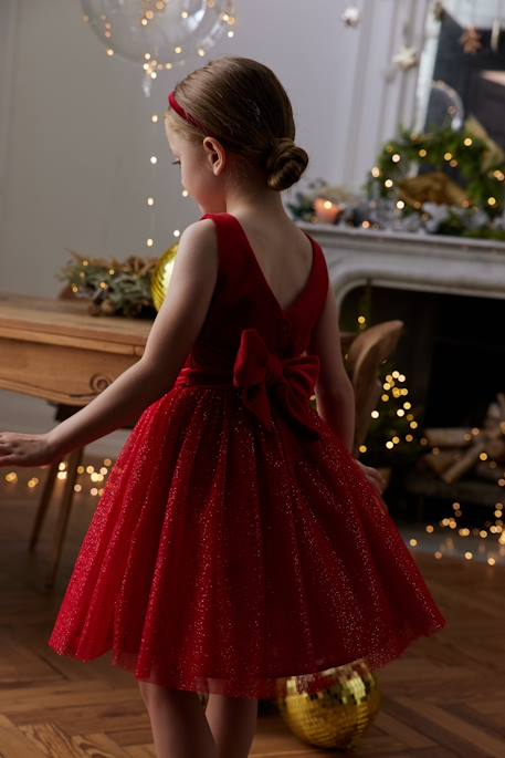 Kerstjurk van fluweel en glanzend tule voor meisjes rood+smaragdgroen - vertbaudet enfant 