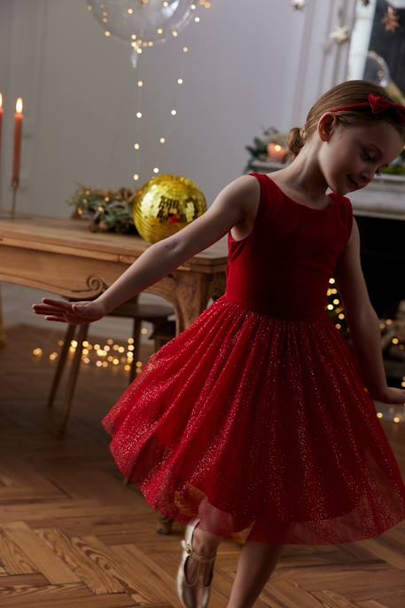 Kerstjurk van fluweel en glanzend tule voor meisjes rood+smaragdgroen - vertbaudet enfant 