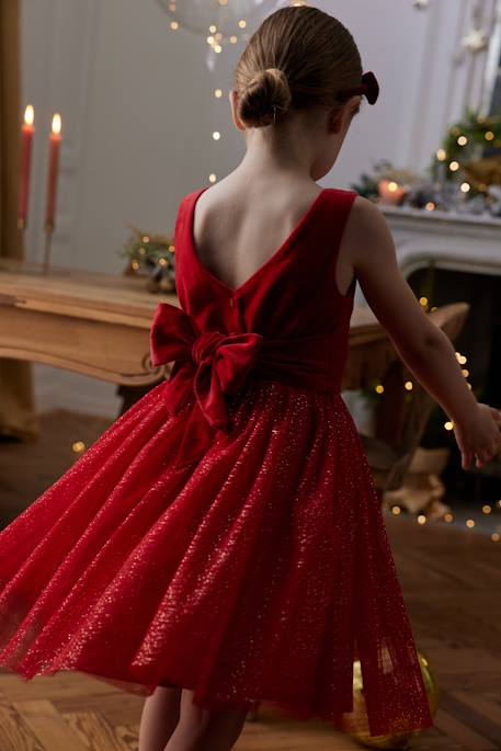 Kerstjurk van fluweel en glanzend tule voor meisjes rood+smaragdgroen - vertbaudet enfant 