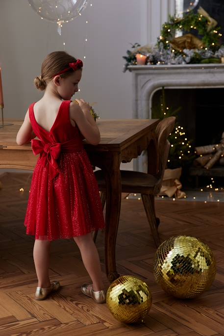 Kerstjurk van fluweel en glanzend tule voor meisjes rood+smaragdgroen - vertbaudet enfant 