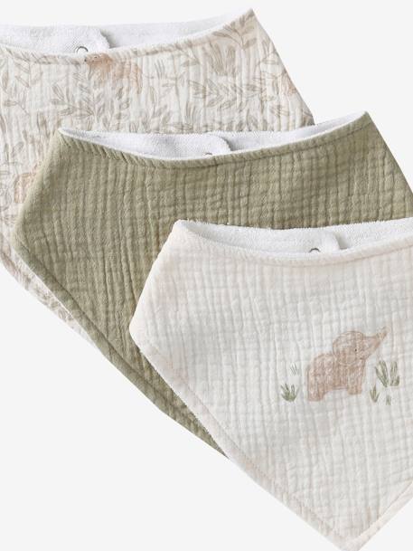 Set met 3 slabbetjes van katoengaas beige, bedrukt+ecru+grijsblauw+lichtroze+saliegroen+set groene panda+set vos+touw+veel beige+WIT - vertbaudet enfant 