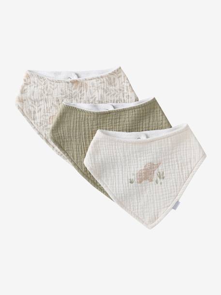 Set met 3 slabbetjes van katoengaas beige, bedrukt+ecru+grijsblauw+lichtroze+saliegroen+set groene panda+set vos+touw+veel beige+WIT - vertbaudet enfant 