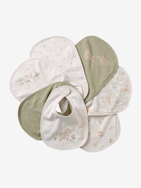 Set van 7 babyslabbetjes beige, bedrukt+blauwgroen+Egel+jungle wit+lichtroze+touw - vertbaudet enfant 