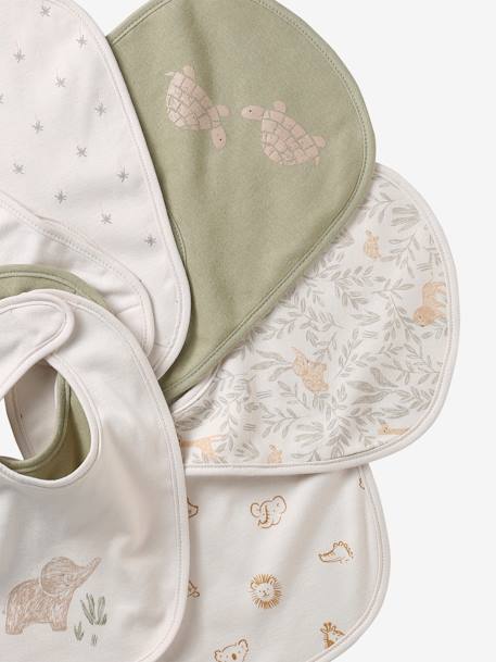 Set van 7 babyslabbetjes beige, bedrukt+blauwgroen+Egel+jungle wit+lichtroze+touw - vertbaudet enfant 