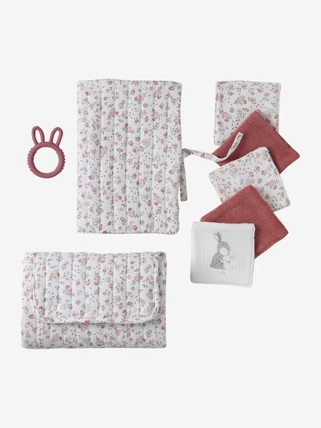 8-delige kraamcadeauset: 1 rammelaar, 1 aankleedkussen, 5 doekjes, 1 etui groen, bedrukt+okergeel+wit, bedrukt - vertbaudet enfant 