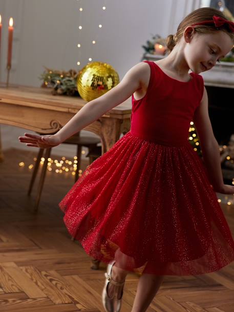 Kerstjurk van fluweel en glanzend tule voor meisjes rood+smaragdgroen - vertbaudet enfant 