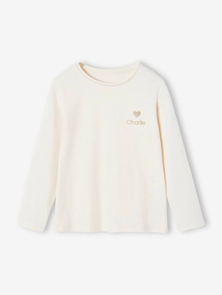T-shirt Basics met hartjes en pailletten en lange mouwen ecru+roze (poederkleur) - vertbaudet enfant 
