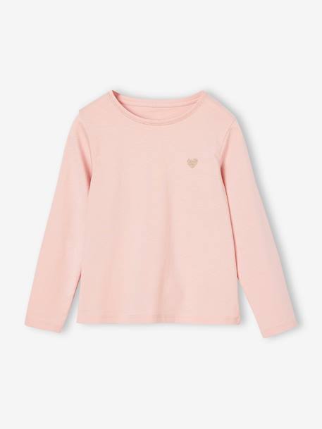 T-shirt Basics met hartjes en pailletten en lange mouwen ecru+roze (poederkleur) - vertbaudet enfant 