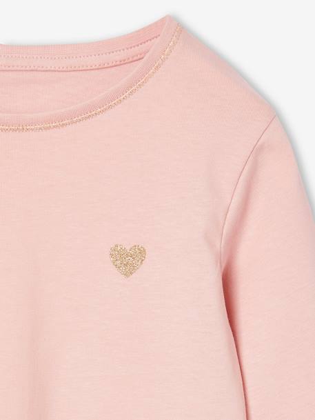 T-shirt Basics met hartjes en pailletten en lange mouwen ecru+roze (poederkleur) - vertbaudet enfant 