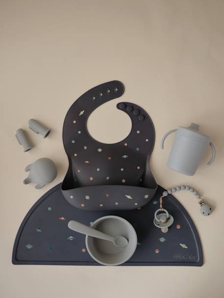 Silicone slabbetje met opvangzakje MUSHIE beige+marineblauw+meerkleurig - vertbaudet enfant 