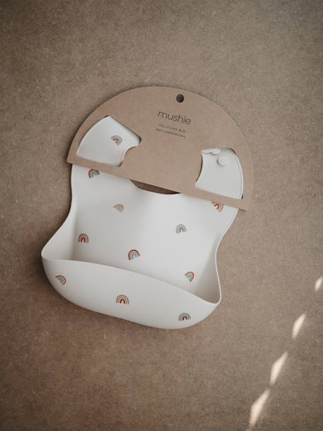 Silicone slabbetje met opvangzakje MUSHIE beige+marineblauw+meerkleurig - vertbaudet enfant 