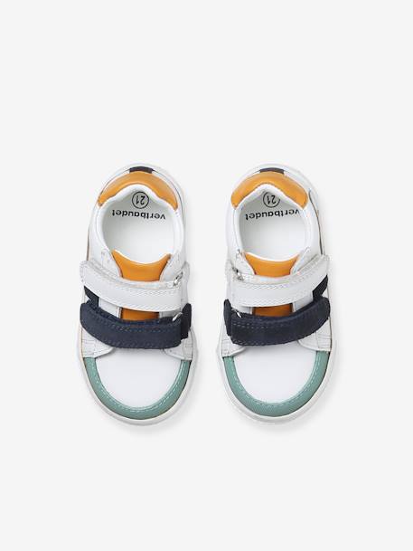 Leren geborstelde babysneakers ecru+marineblauw+veel wit - vertbaudet enfant 