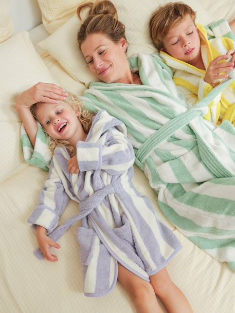 Gestreepte badjas voor volwassenen TRANSAT familie-capsulecollectie, personaliseerbaar, met gerecycled katoen blauw, gestreept+groen, gestreept+roze, gestreept - vertbaudet enfant 