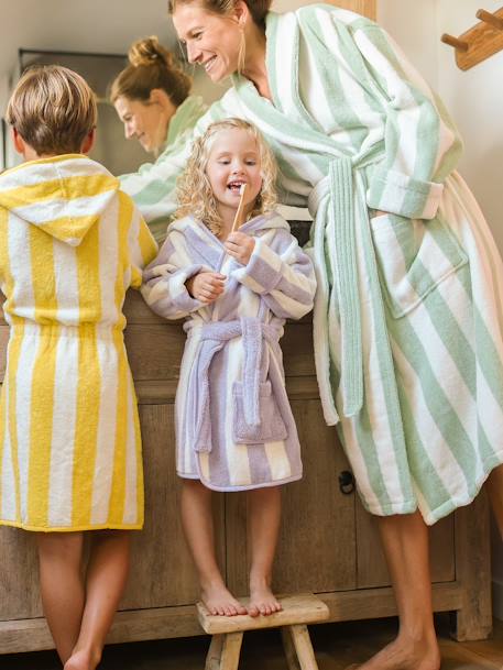 Gestreepte badjas voor volwassenen TRANSAT familie-capsulecollectie, personaliseerbaar, met gerecycled katoen blauw, gestreept+groen, gestreept+roze, gestreept - vertbaudet enfant 