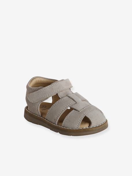 Gesloten sandalen met klittenband van leer voor baby's jeansblauw+zandbeige - vertbaudet enfant 