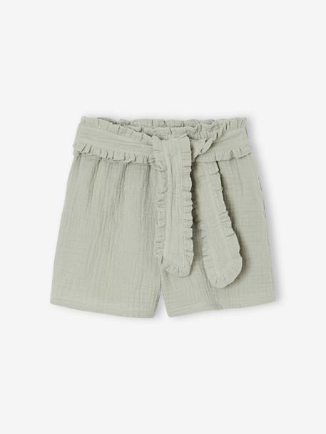 Meisjeshort van katoengaas met sierceintuur saliegroen - vertbaudet enfant 