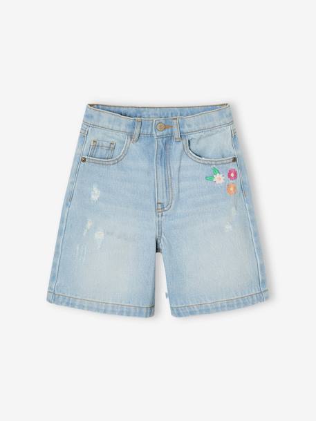 Bermuda jeans met geborduurde bloemen lichtblauw+middenblauw - vertbaudet enfant 