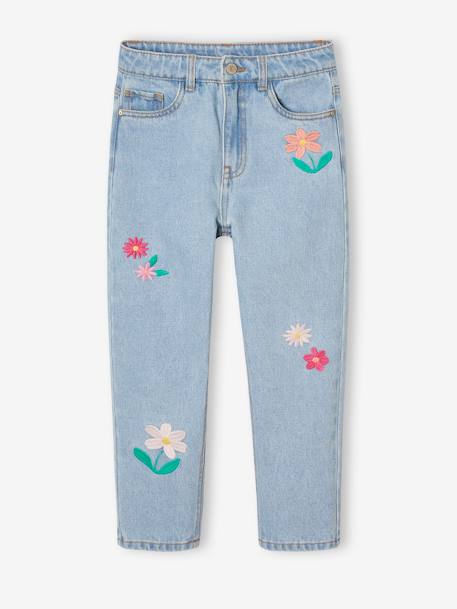 Mom meisjesjeans met bloemenborduurwerk blauw+lichtblauw+middenblauw - vertbaudet enfant 