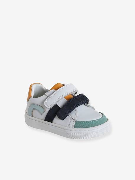 Leren geborstelde babysneakers ecru+marineblauw+veel wit - vertbaudet enfant 